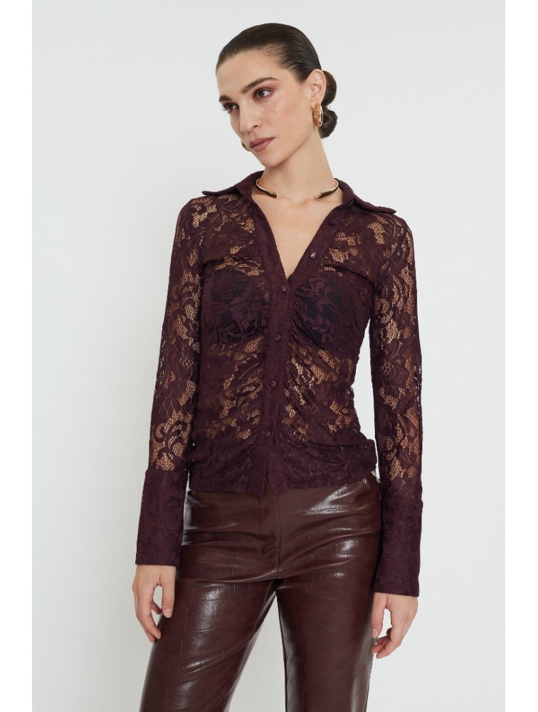 MIX AND MATCH Ellora Lace Shirt Burgundy Βουργουνδί Δαντελένιο Πουκάμισο